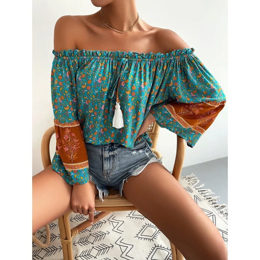 🍂 BOHO BLUE ORANGE FLORAL OFF SHOULDER LOOSE FIT TASSEL DETAIL TOP! - Picture 3 of 7